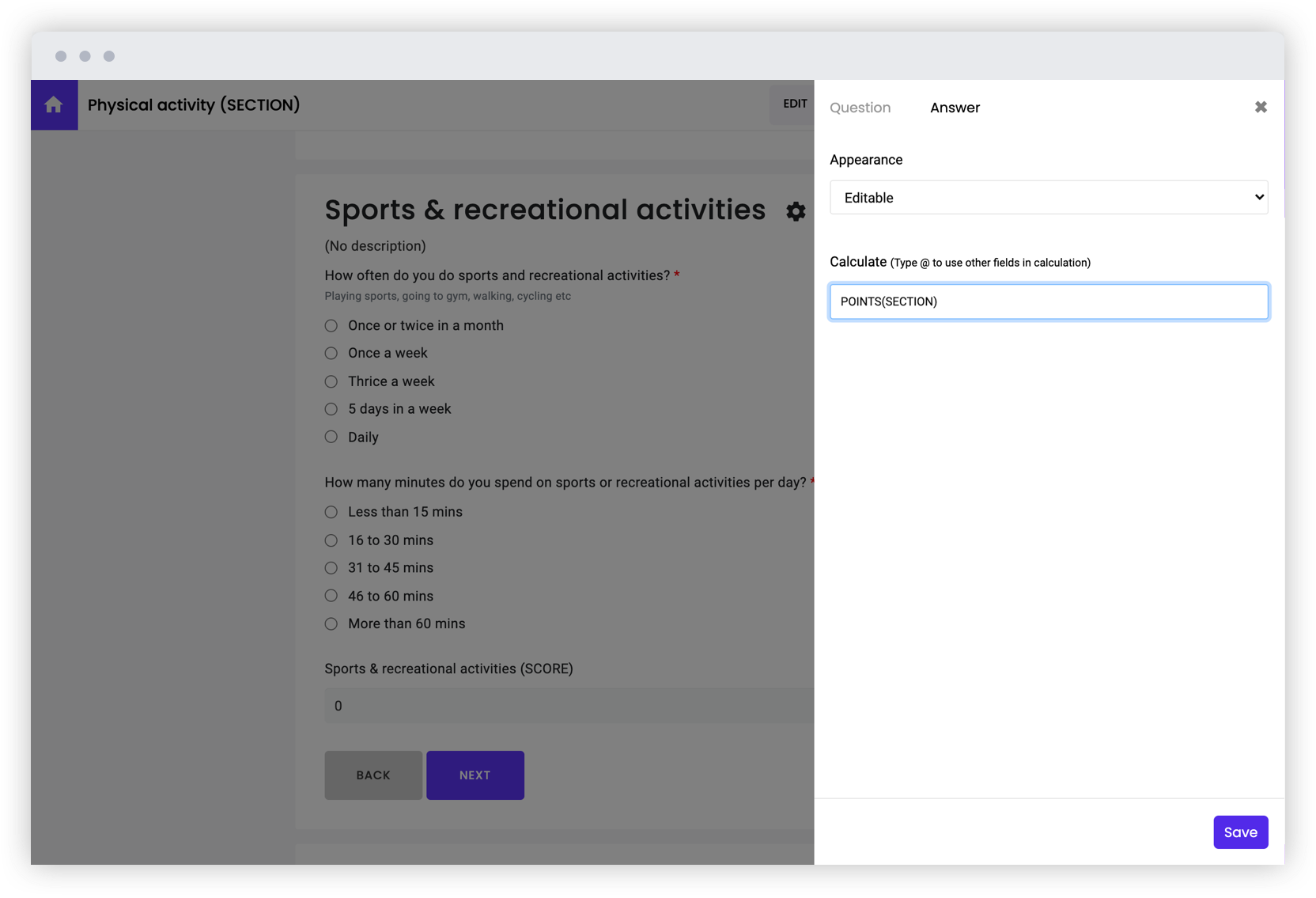 Easily calculate section score based on the points assigned for each question in that section