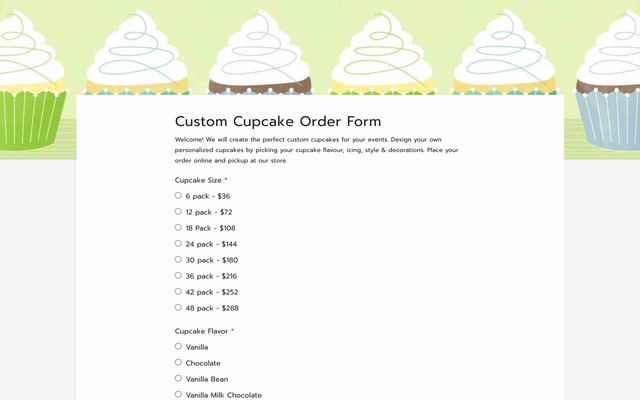 Custom cupcake order form